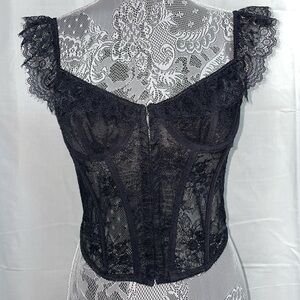 Black Lace Corset Top Ruffle Cap Sleeves Lace-Up Back Urban Outfitters Small
